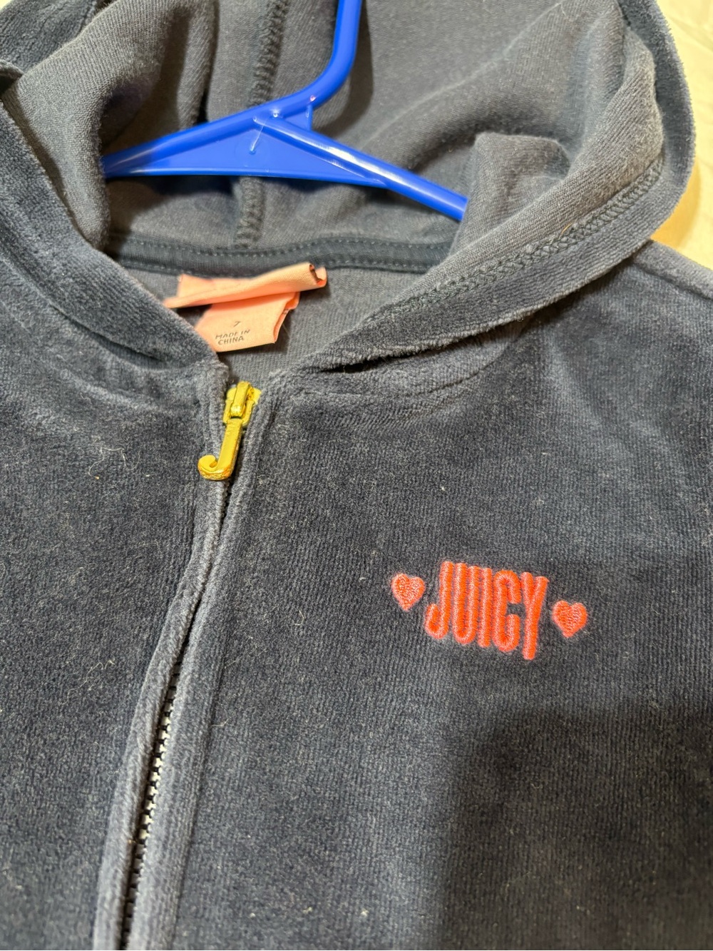 Juicy Couture Girls Size 7 Navy Blue Velour Hoodie Glitter Cuffs J Zipper